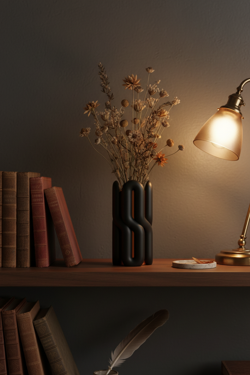 Black and orange wibble vase with dried wildflowers in moody study - lifestyle