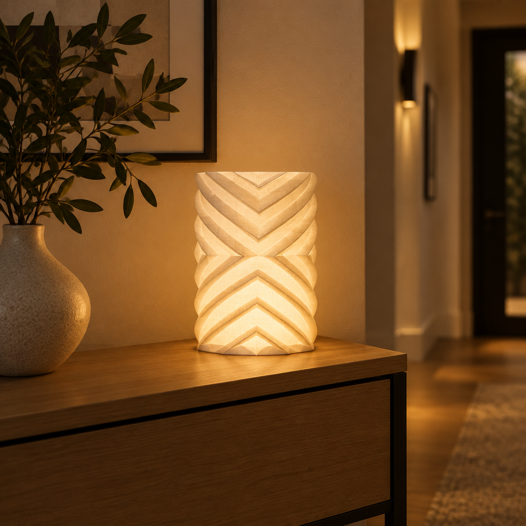 Geometric lampshade glowing on a hallway console table beside a vase