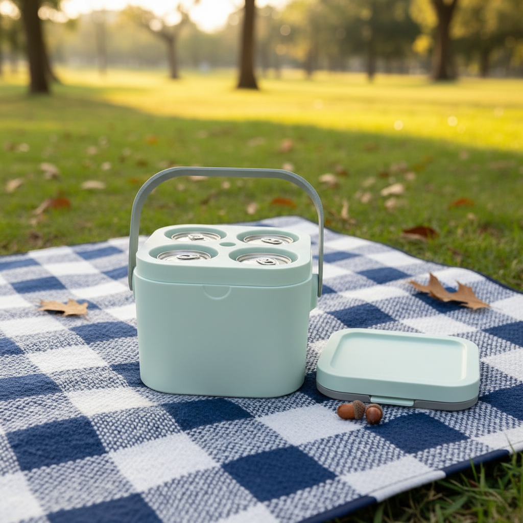 Freezable Four-Can Cooler Box - Green colourway on picnic blanket