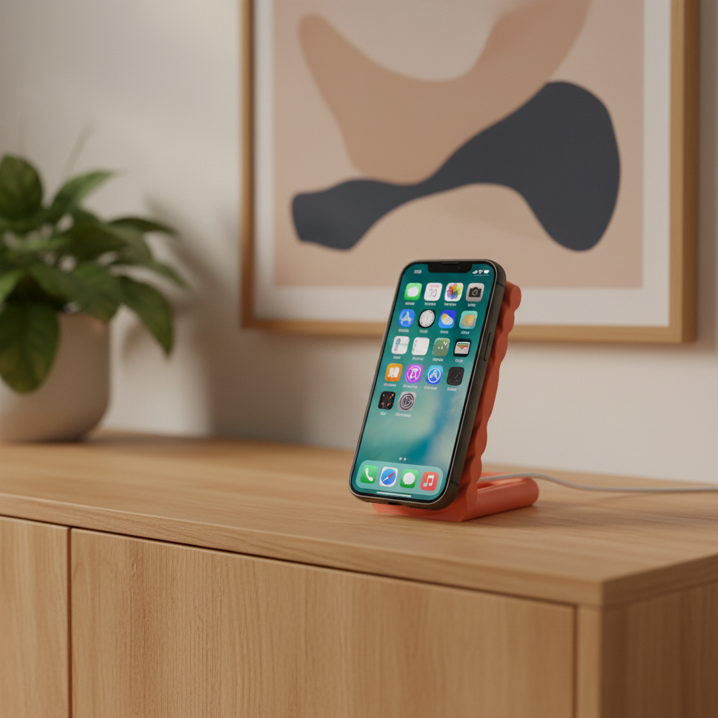 Orange ripple MagSafe stand on oak sideboard - lifestyle