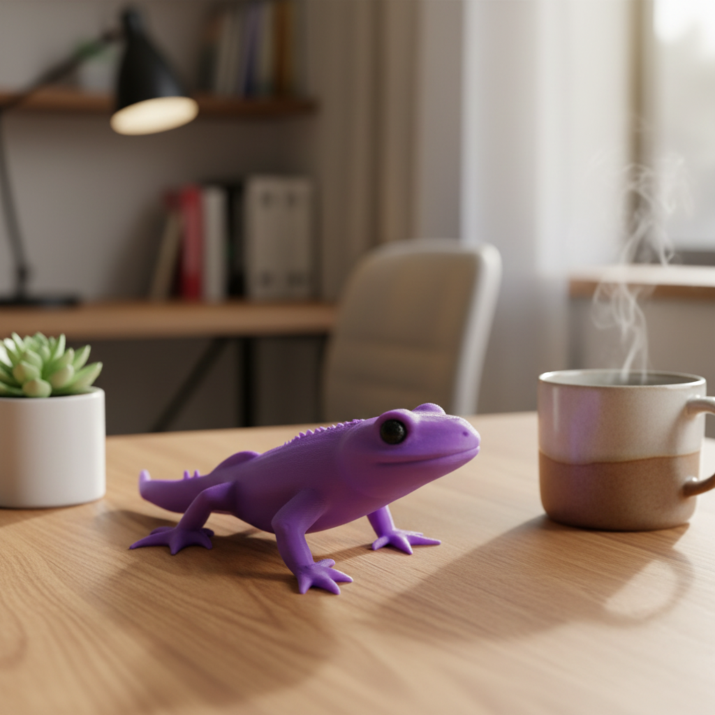 Tiny Legend Gecko-Dragon Figurine - purple colourway on wooden desk with succulent