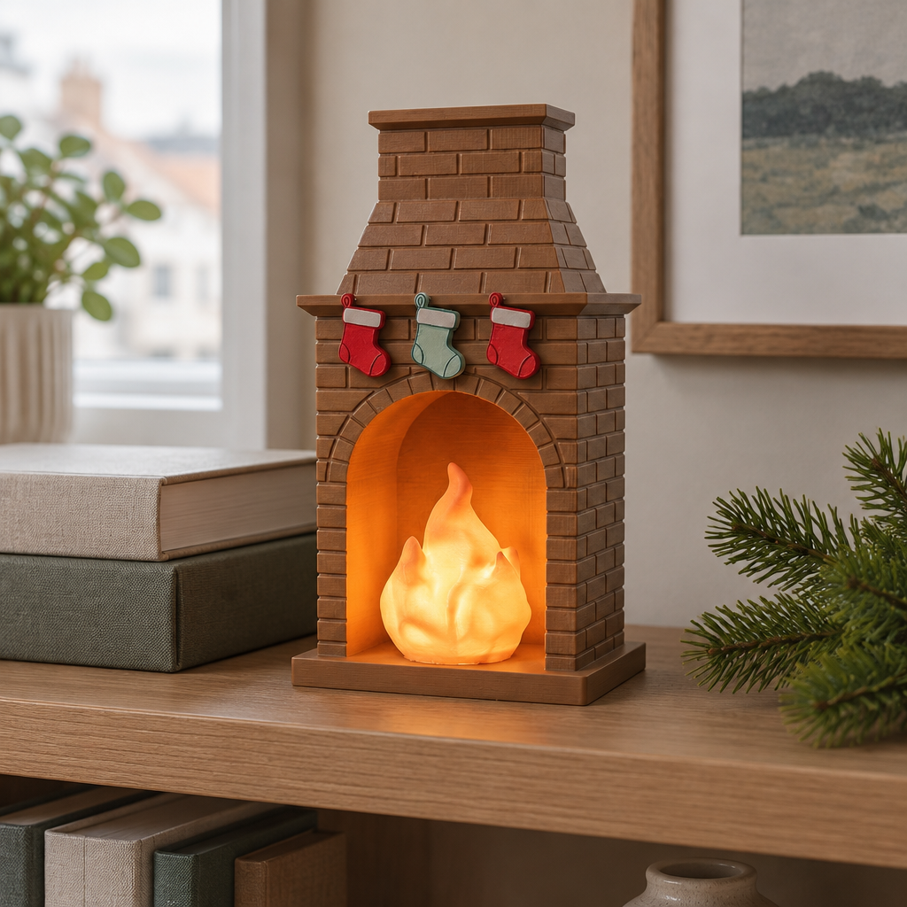 Miniature brick fireplace tealight holder on a home office bookshelf