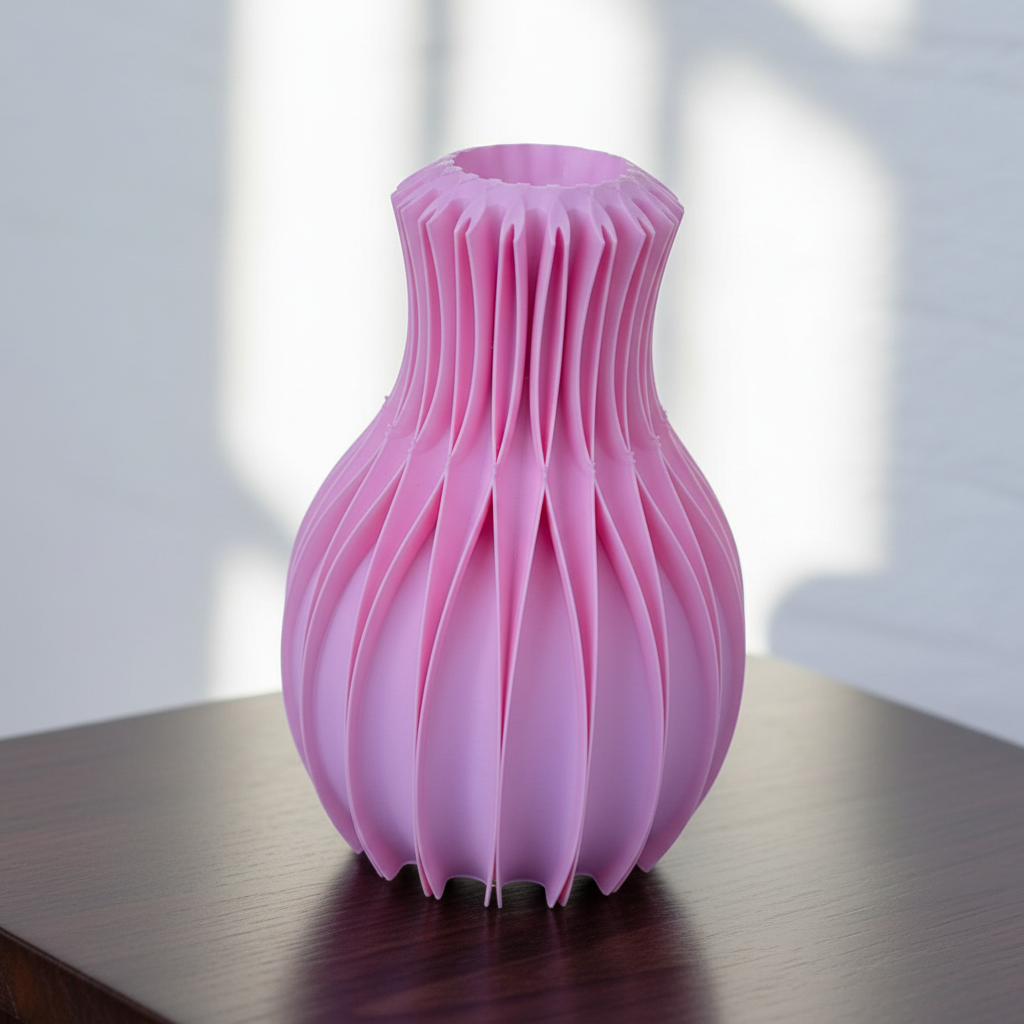 Facetta vase on a dark wooden surface with tropical plants bokeh background