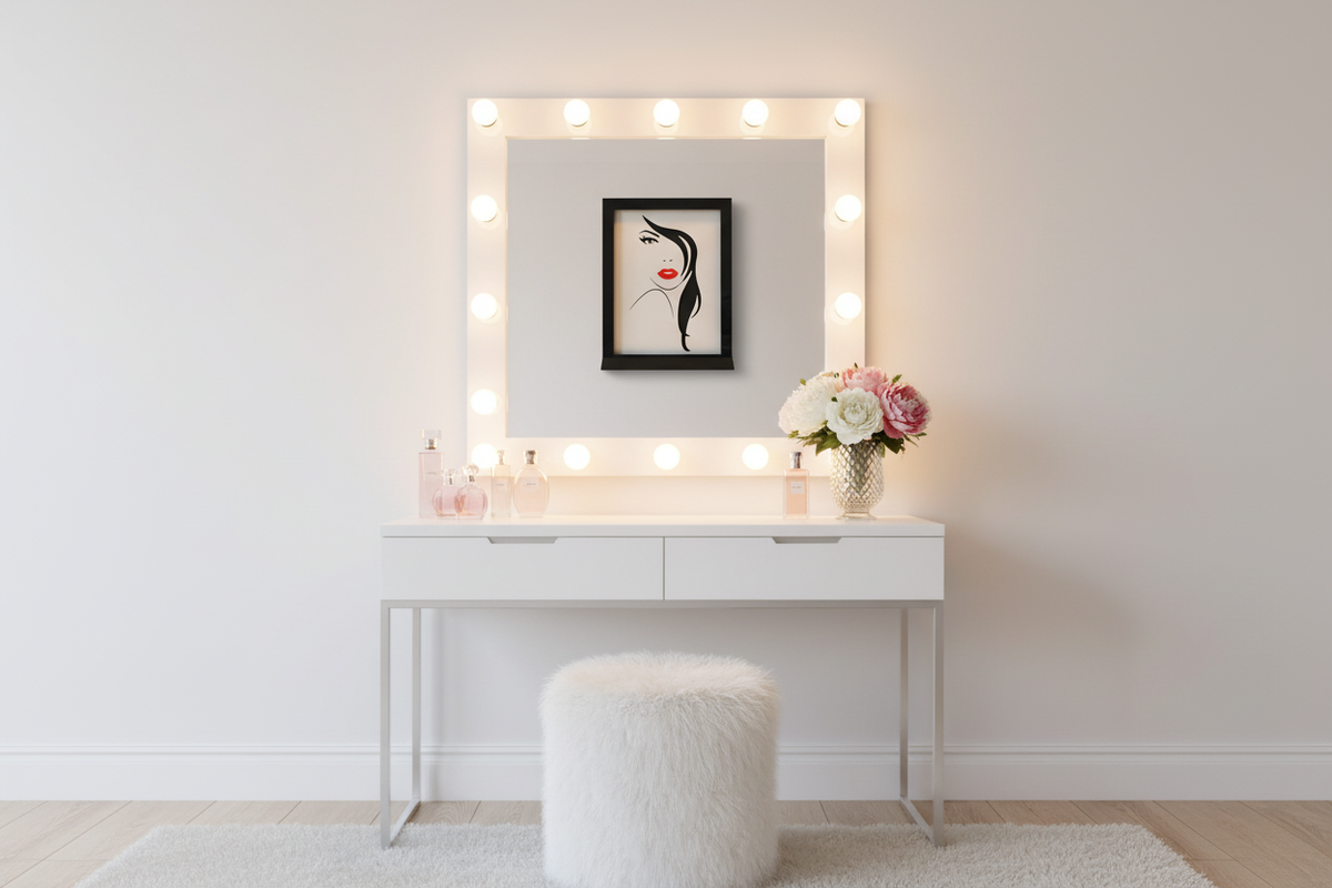 A Woman's Face Shadow Box on a white wall in a glamorous dressing room with Hollywood vanity mirror and perfume bottles