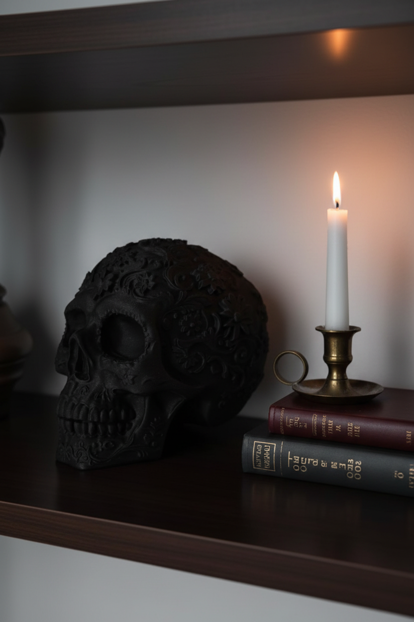 Matte black Mexican ornamental skull on dark wooden shelf with antique books and candle moody Halloween lifestyle