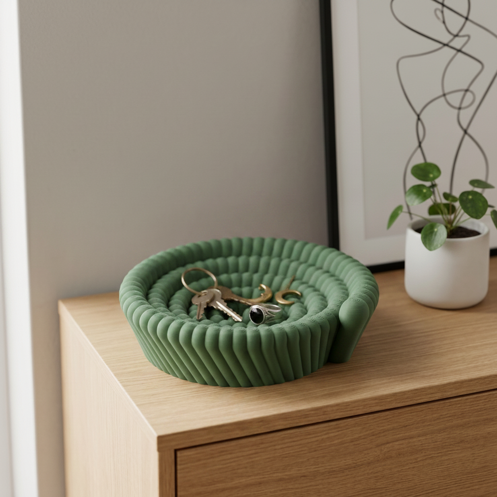 Organic Bobble Spiral Catch-All Bowl - sage green oak sideboard with trinkets