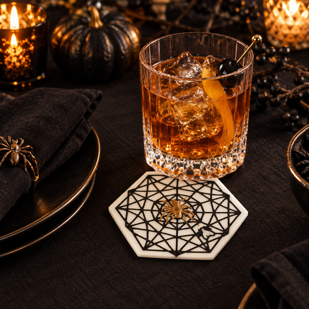 Spider Web Coaster on Halloween party table