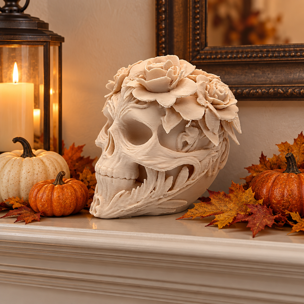 Floral skull decor displayed on a mantel with small pumpkins and autumn leaves