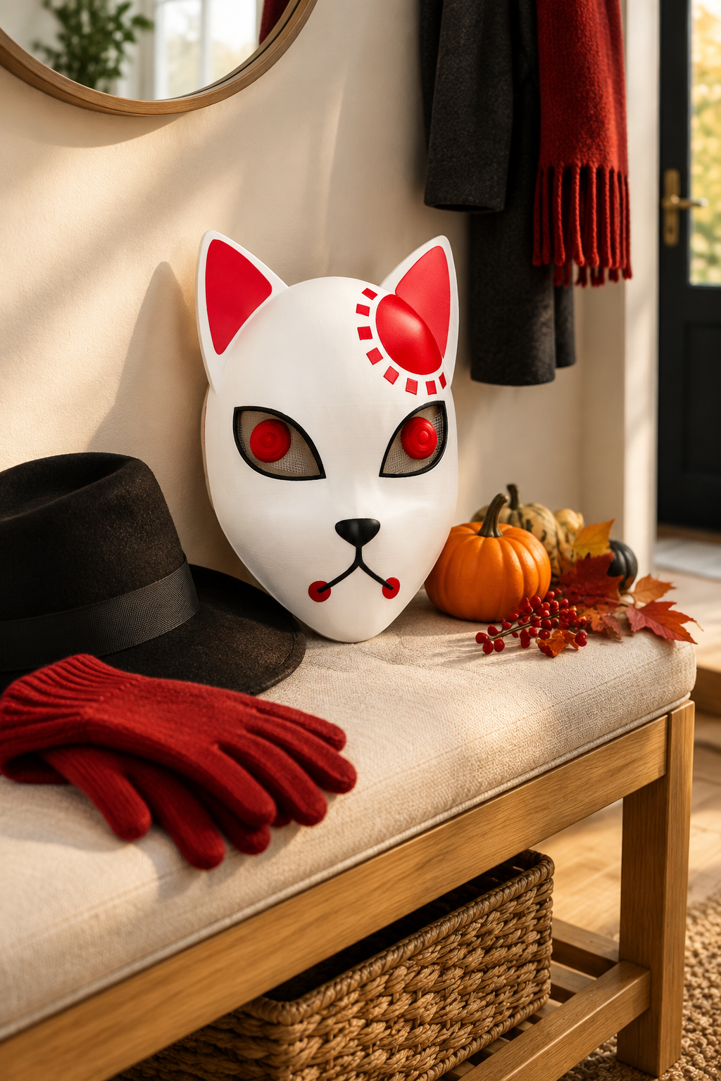 White Halloween devil cat mask on an entryway bench with a black hat and red gloves