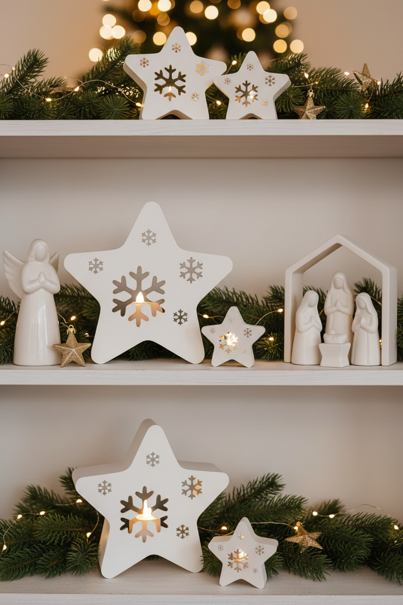 Collection of star snowflake tealights on white shelf with pine sprigs and fairy lights lifestyle