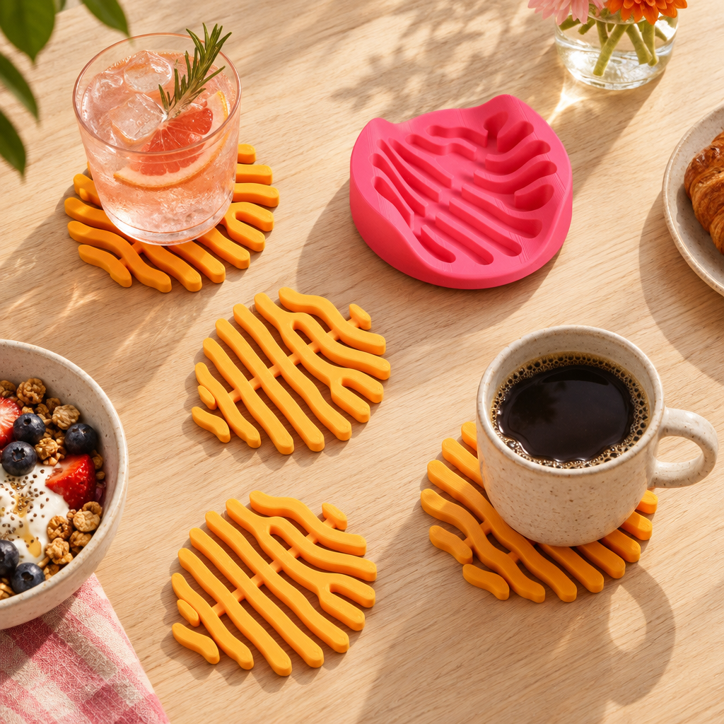 Coral coasters on brunch table