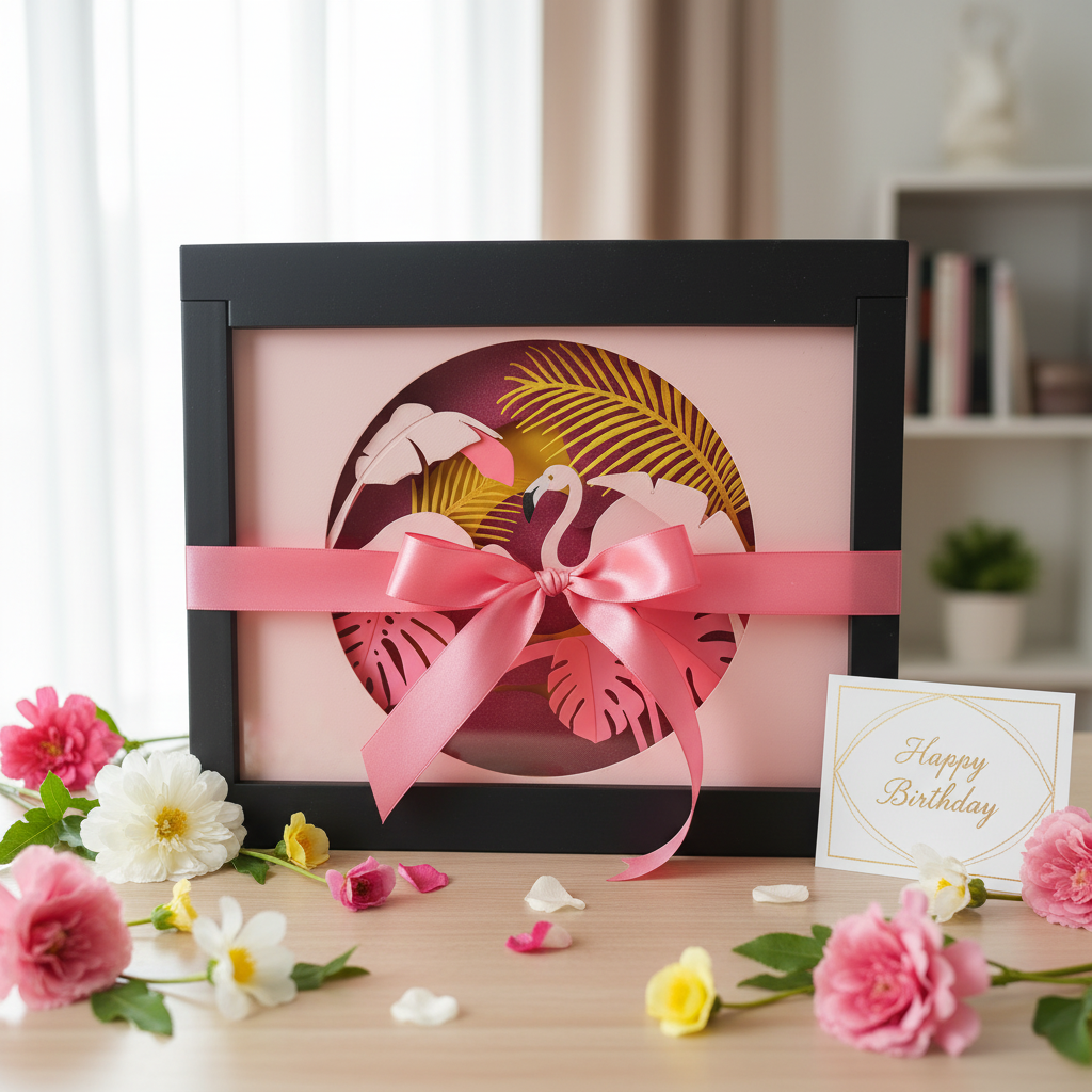 Flamingo Paradise Shadow Box presented as a birthday gift with pink ribbon and bow on a table with flowers