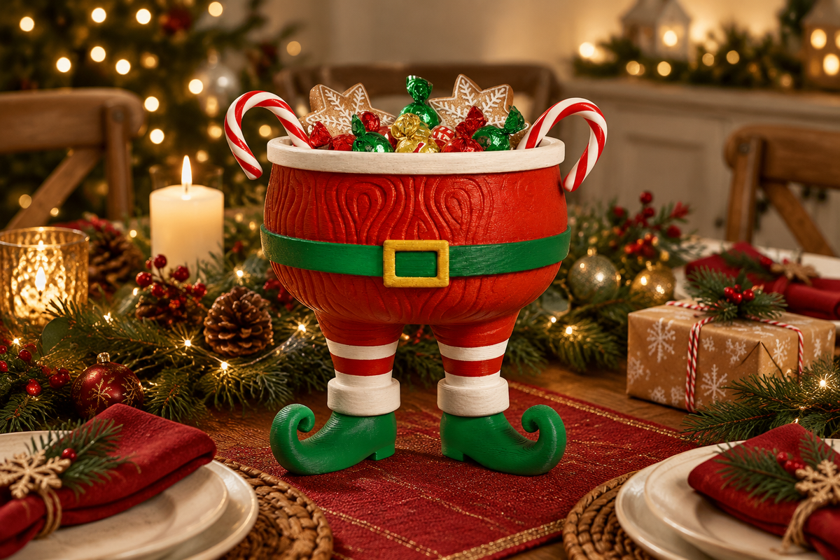 Santa sweet bowl on a festive dining table with greenery and wrapped treats