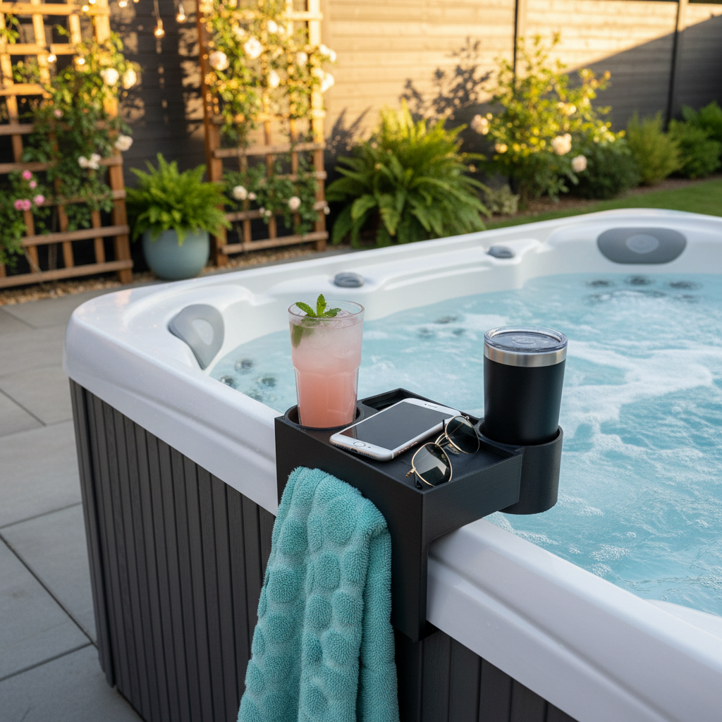 Black Hot Spot Rhythm Hot Tub Caddy on luxury hot tub holding drinks and phone in stylish garden