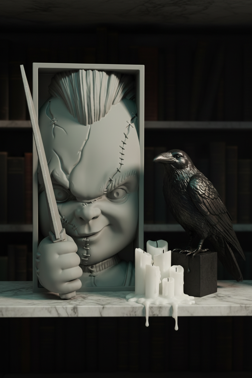 Chucky book nook relief sculpture white framed box pale marble shelf dark moody interior black raven sculpture melted taper candles ghostly atmospheric pale editorial portrait