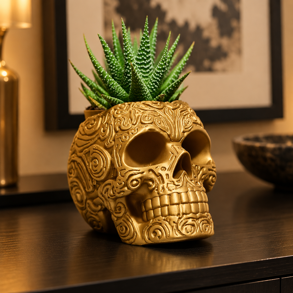 Gold-coloured ornate skull planter with a small succulent on a dark sideboard
