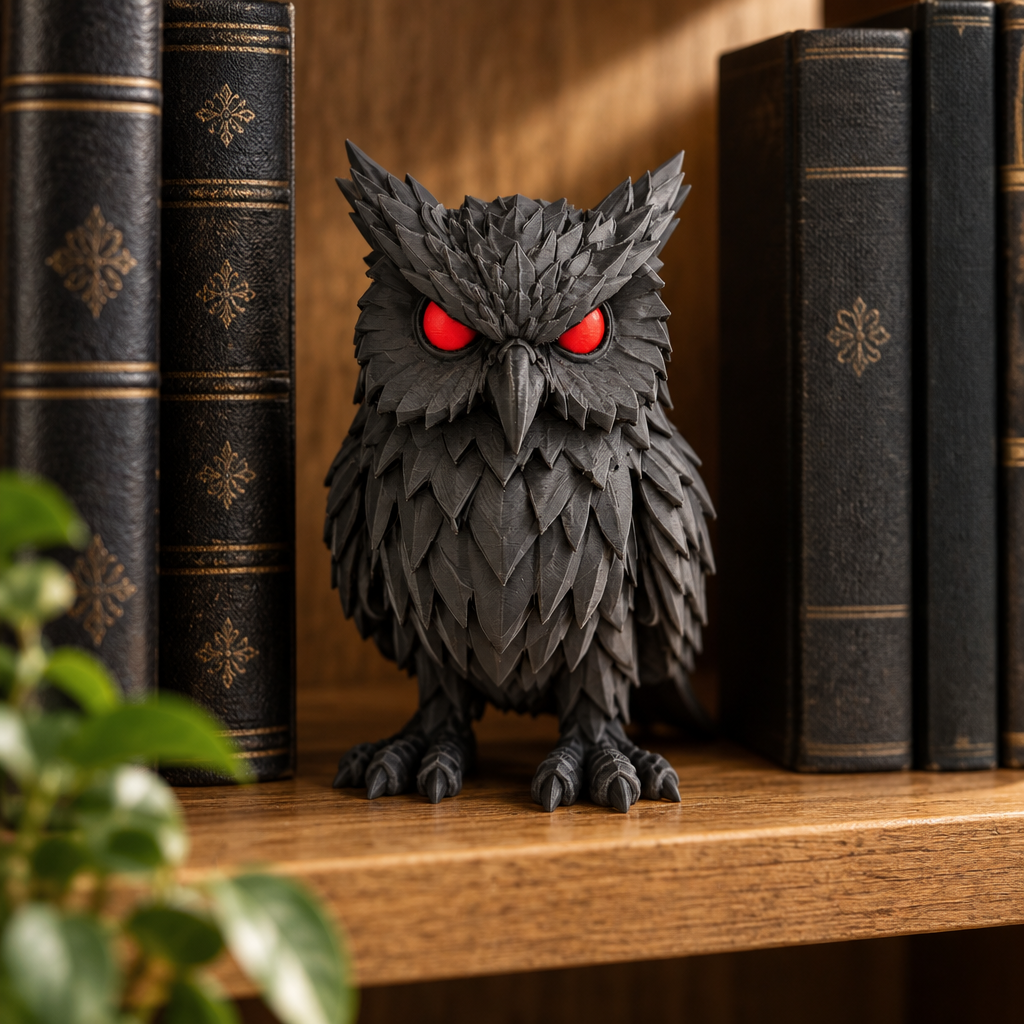 Crimson Watcher Owl on oak bookshelf