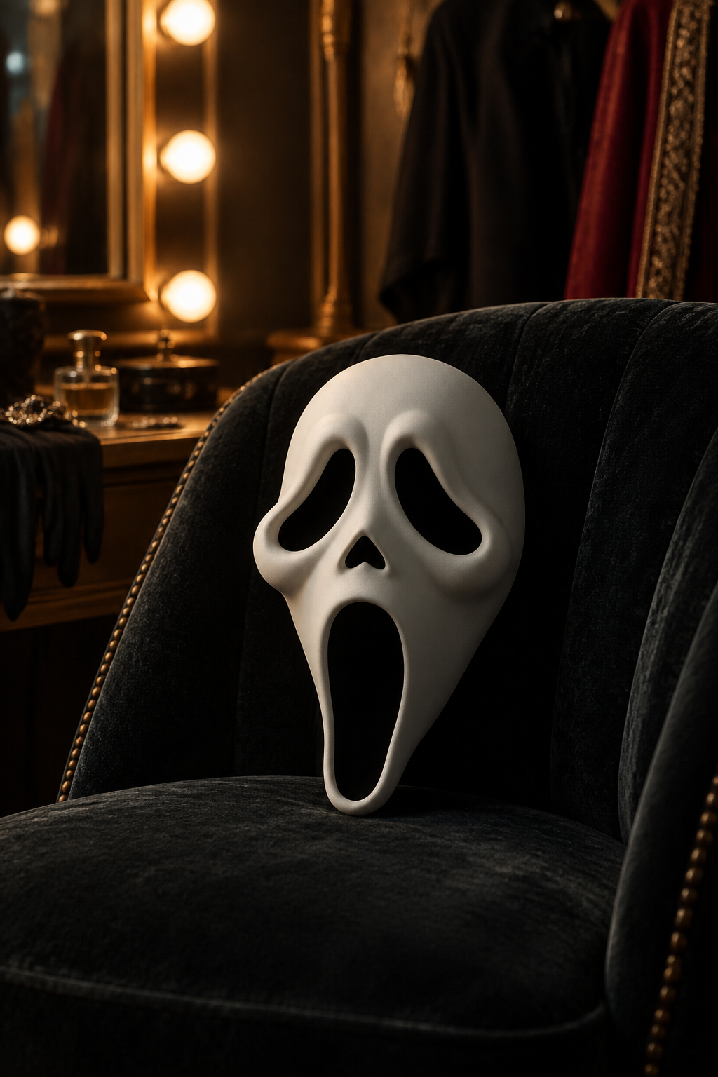 White Ghostface Mask on a velvet chair in a dark dressing area