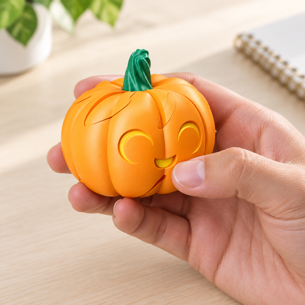 Hand holding the orange pumpkin puzzle for a fidget break