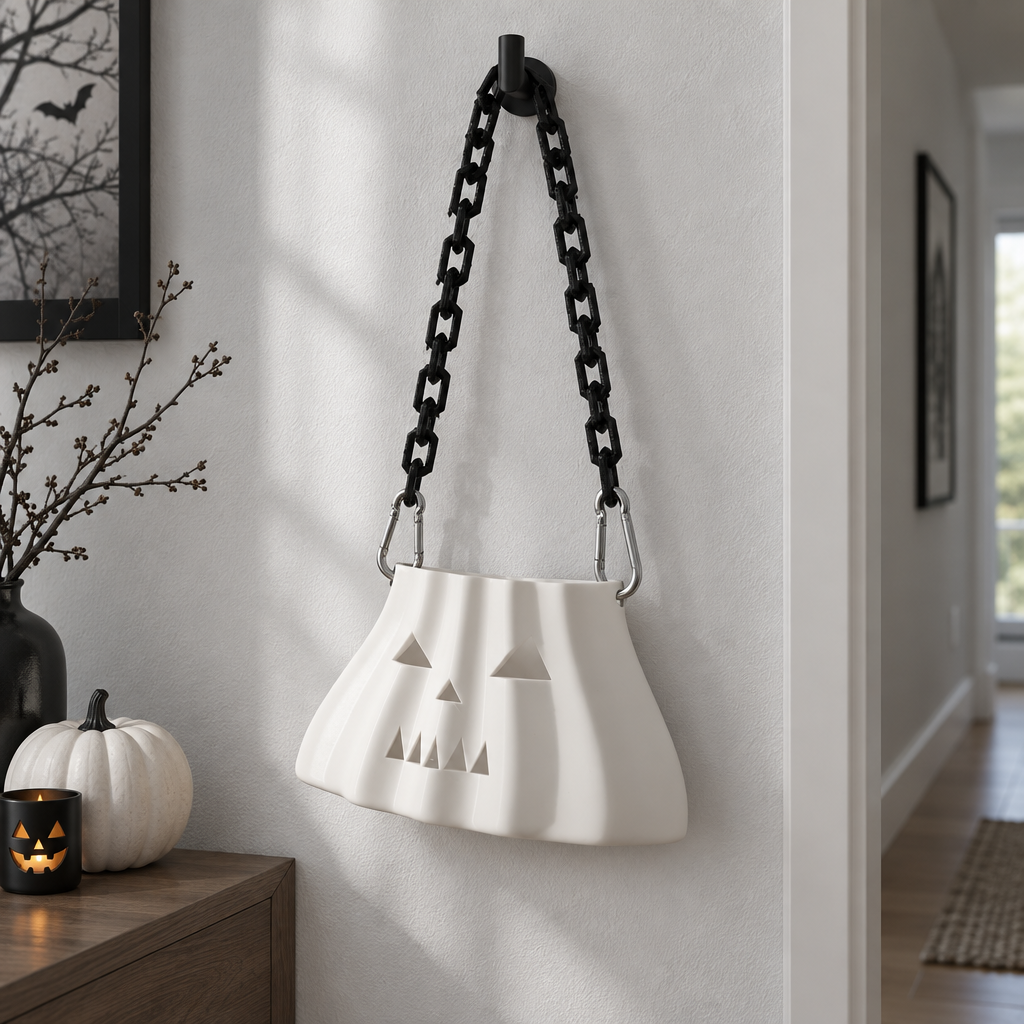 Ivory pumpkin-shaped Halloween bag with attached black chains in a minimalist hallway