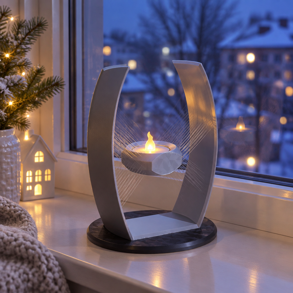 Suspended tealight holder on a windowsill at dusk