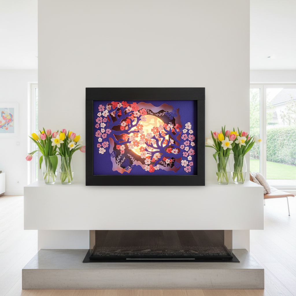 Sakura Cherry Blossom Shadow Box displayed on a white mantelpiece in a bright modern home with spring flowers