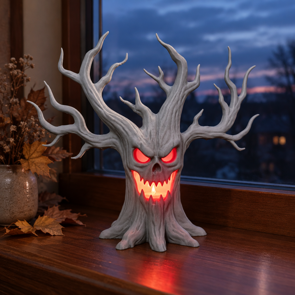 Grey laughing tree tealight holder on a windowsill at twilight