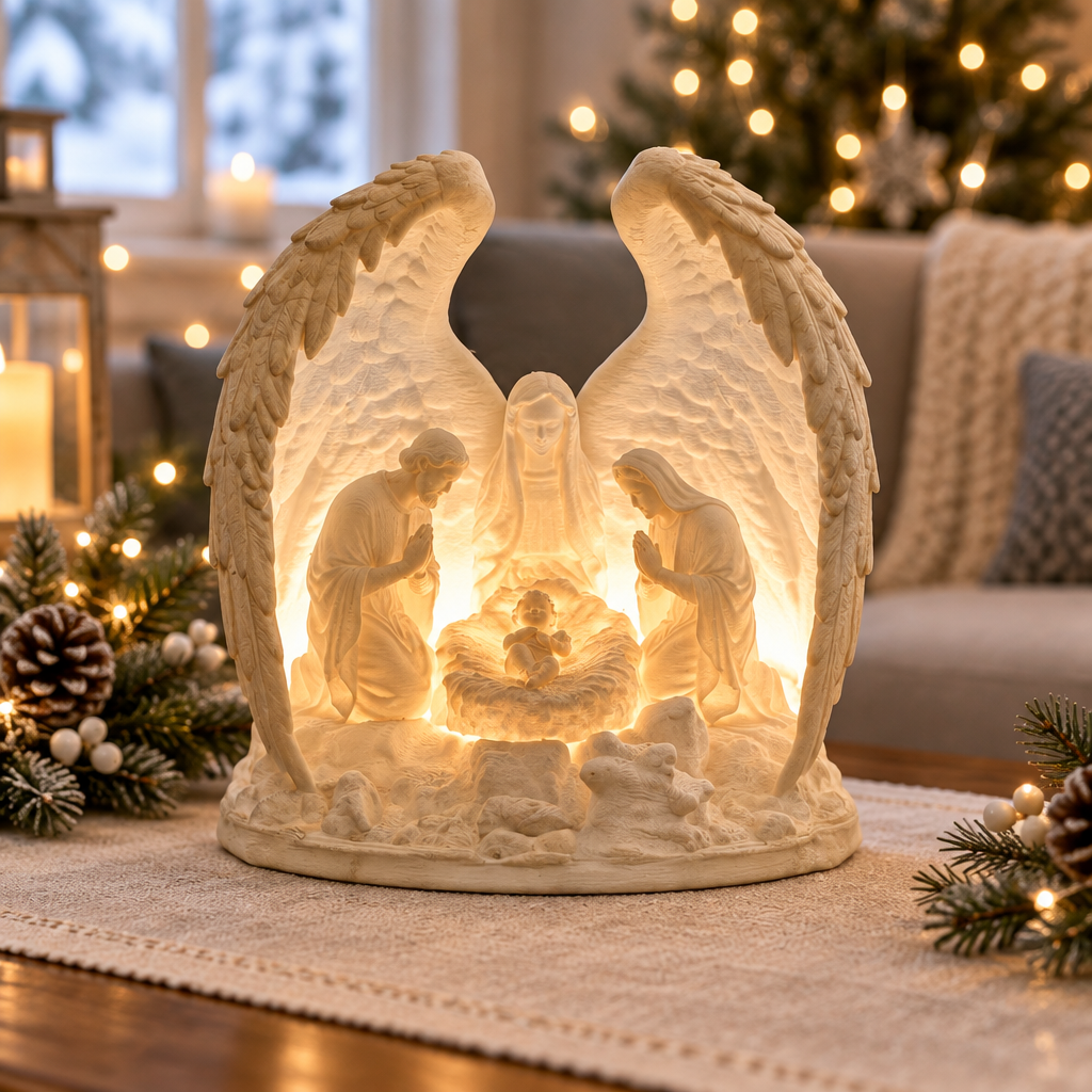 Wing-framed Nativity display on a winter coffee table