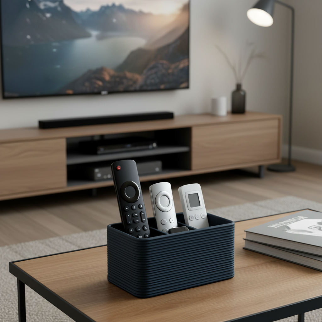 Ribbed remote holder with remotes on a walnut TV media console