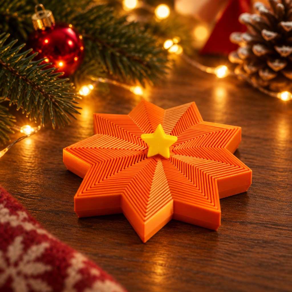 Orange star-shaped fidget spinner with a yellow centre star styled with subtle Christmas lights