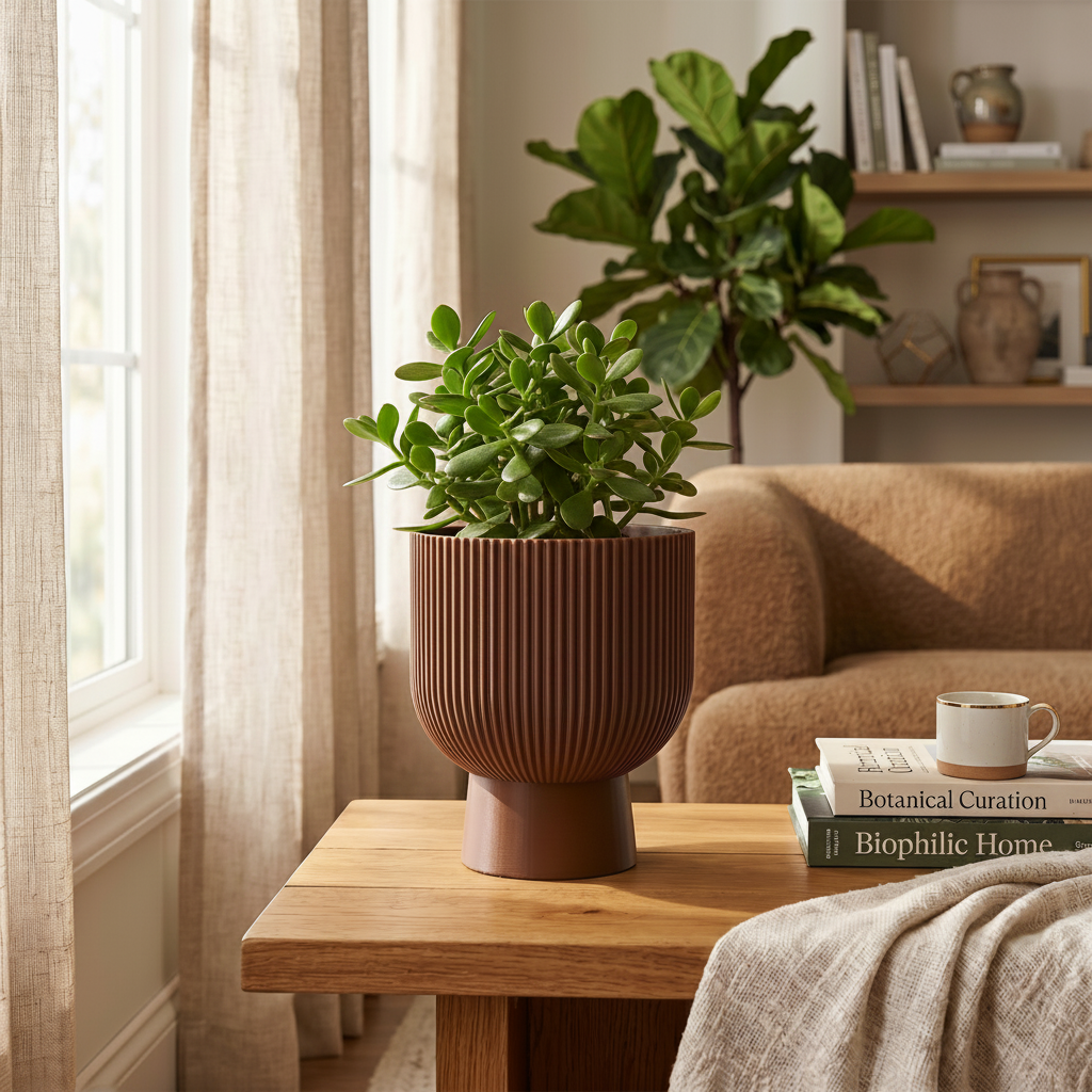 Ribbed Pedestal Planter in orange — walnut sideboard lifestyle