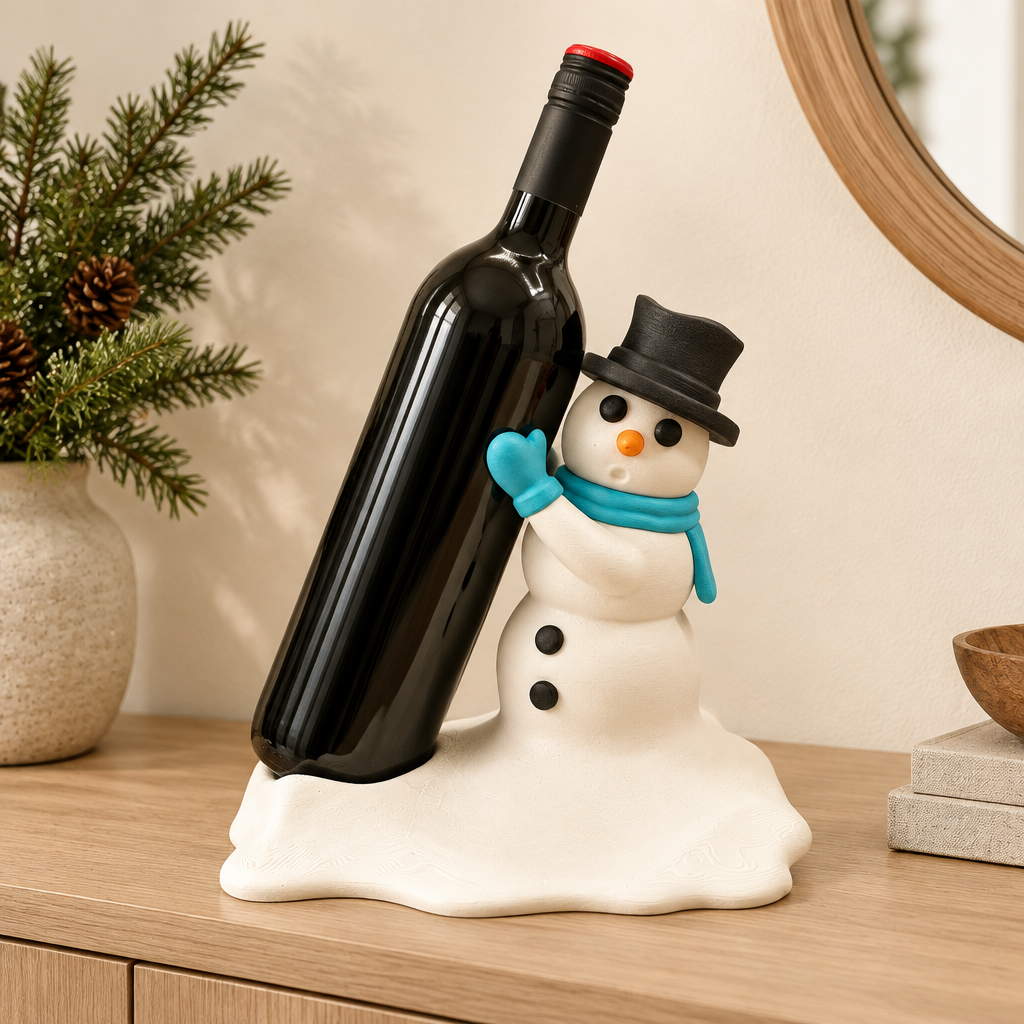 Snowman bottle holder with bottle on a pale wood indoor cabinet