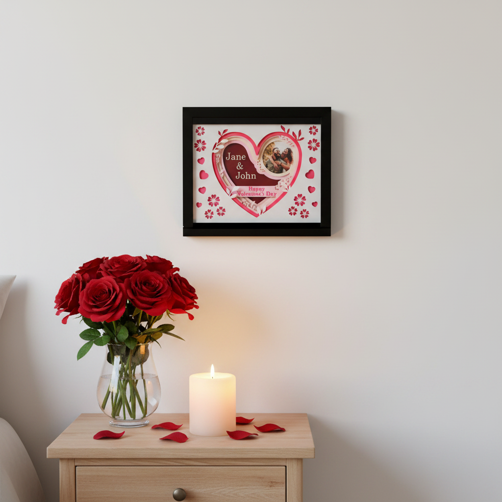 Personalised Valentine's Day Heart Shadow Box displayed on white bedroom wall above bedside table with red roses and candle