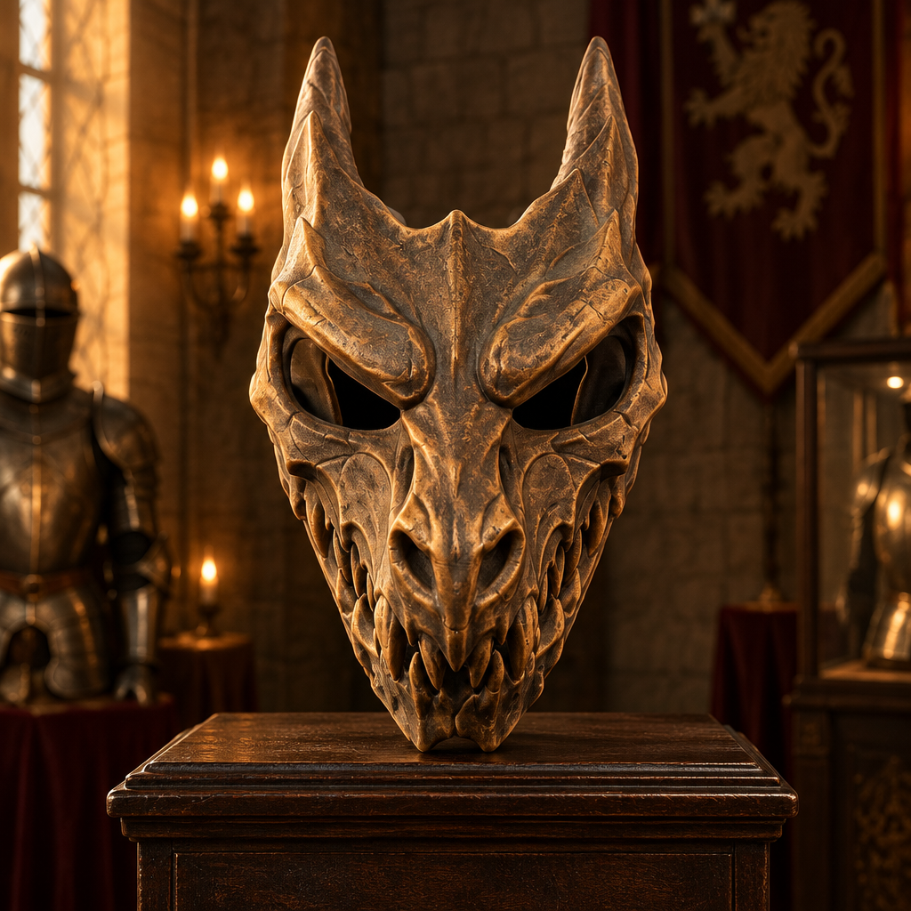 Weathered bronze Dragon Skull mask in an old castle gallery, strap not included