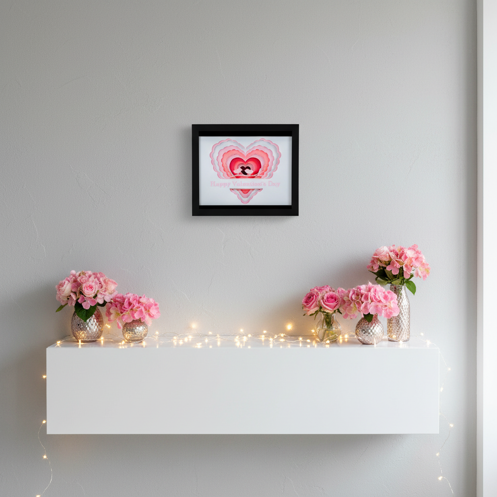 Valentine's Day Lovebirds Shadow Box displayed on light grey living room wall above shelf with fairy lights and pink flowers