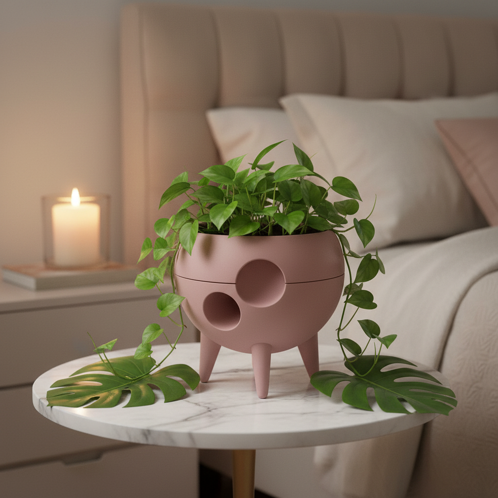 Dusty pink Spaced-Out planter with trailing pothos on a marble side table with monstera leaves