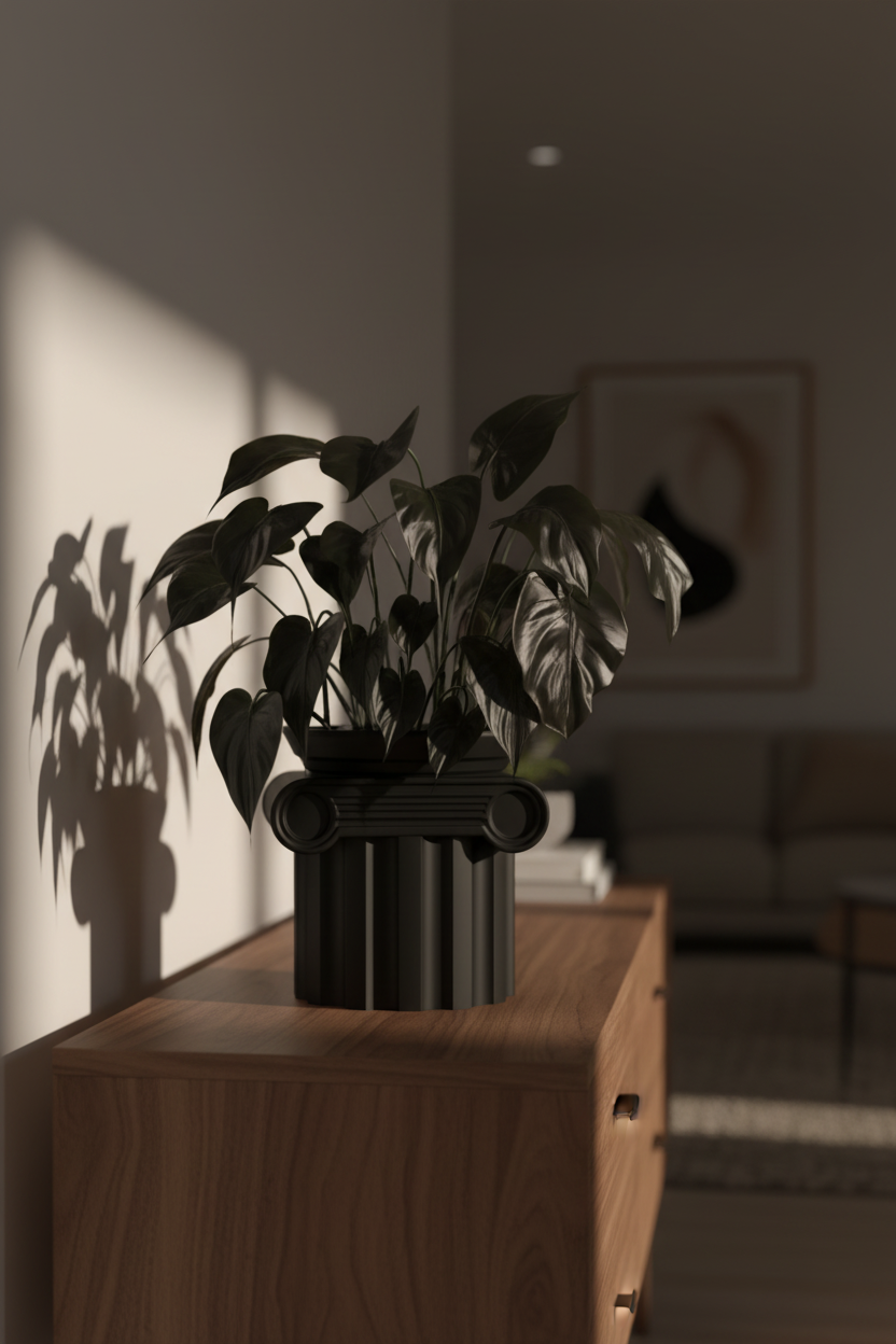 Roman Planter matte black Ionic column fluted shaft scroll capital holding dark-leafed Philodendron walnut sideboard moody contemporary living room dramatic side light