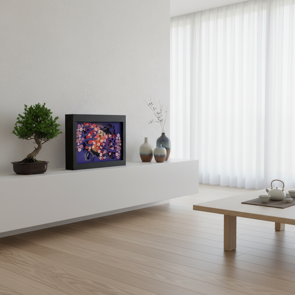 Sakura Cherry Blossom Shadow Box displayed on a white shelf in a Japanese-inspired living room with bonsai and ceramics