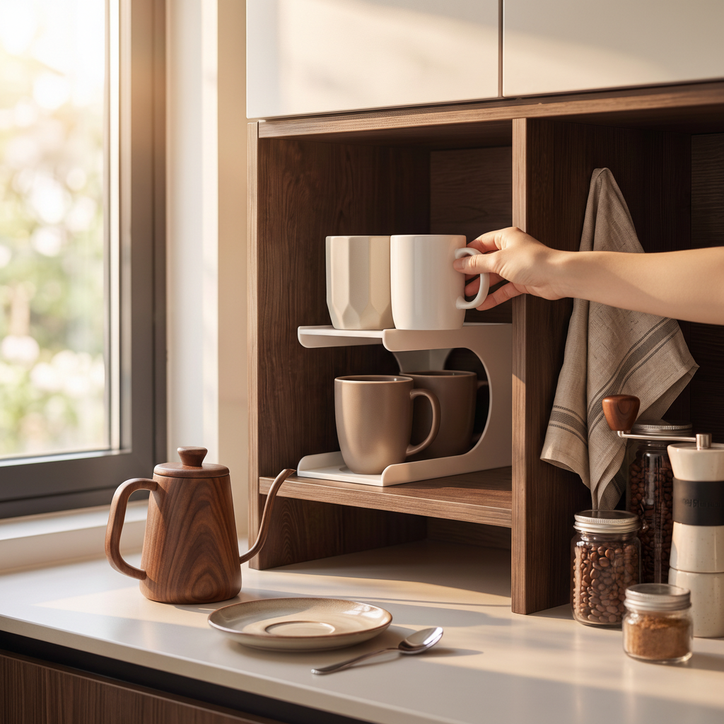 Person reaching for mug from Cupstack in modern kitchen