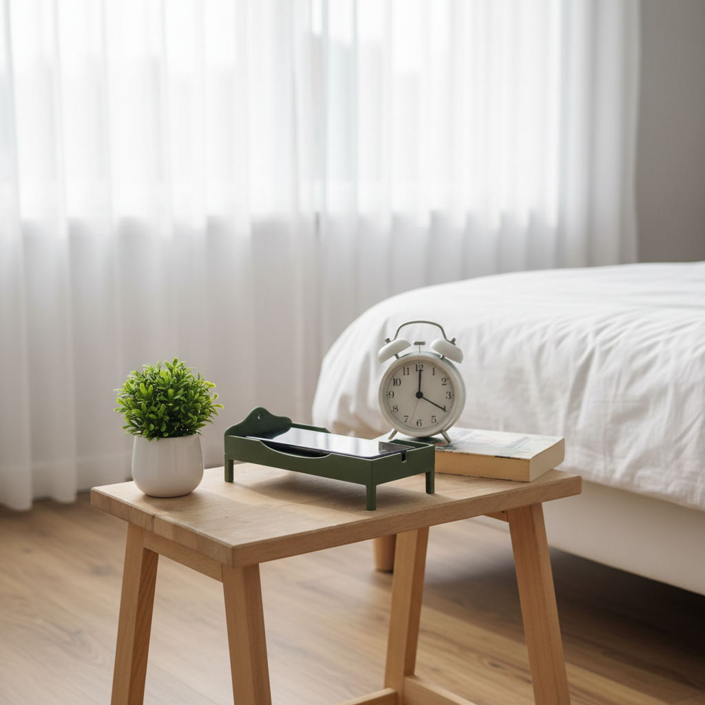 Smartphone Bed in green on a minimalist Scandinavian bedside table with a plant and alarm clock