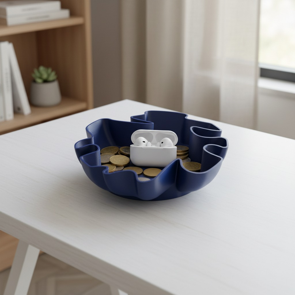 Deep blue Organic Flow Catchall Bowl with earbuds and coins on a minimalist Japandi desk