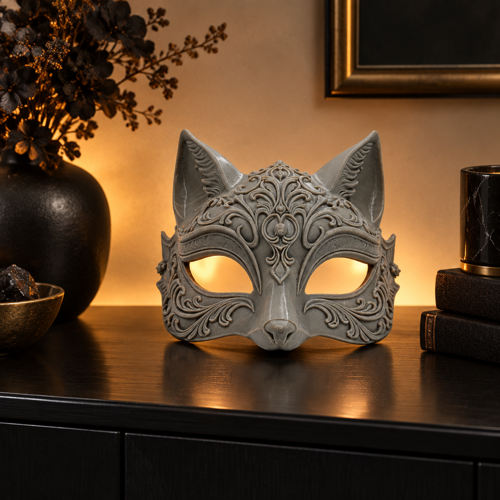 Grey ornate cat mask on a sideboard with warm light behind the eye openings