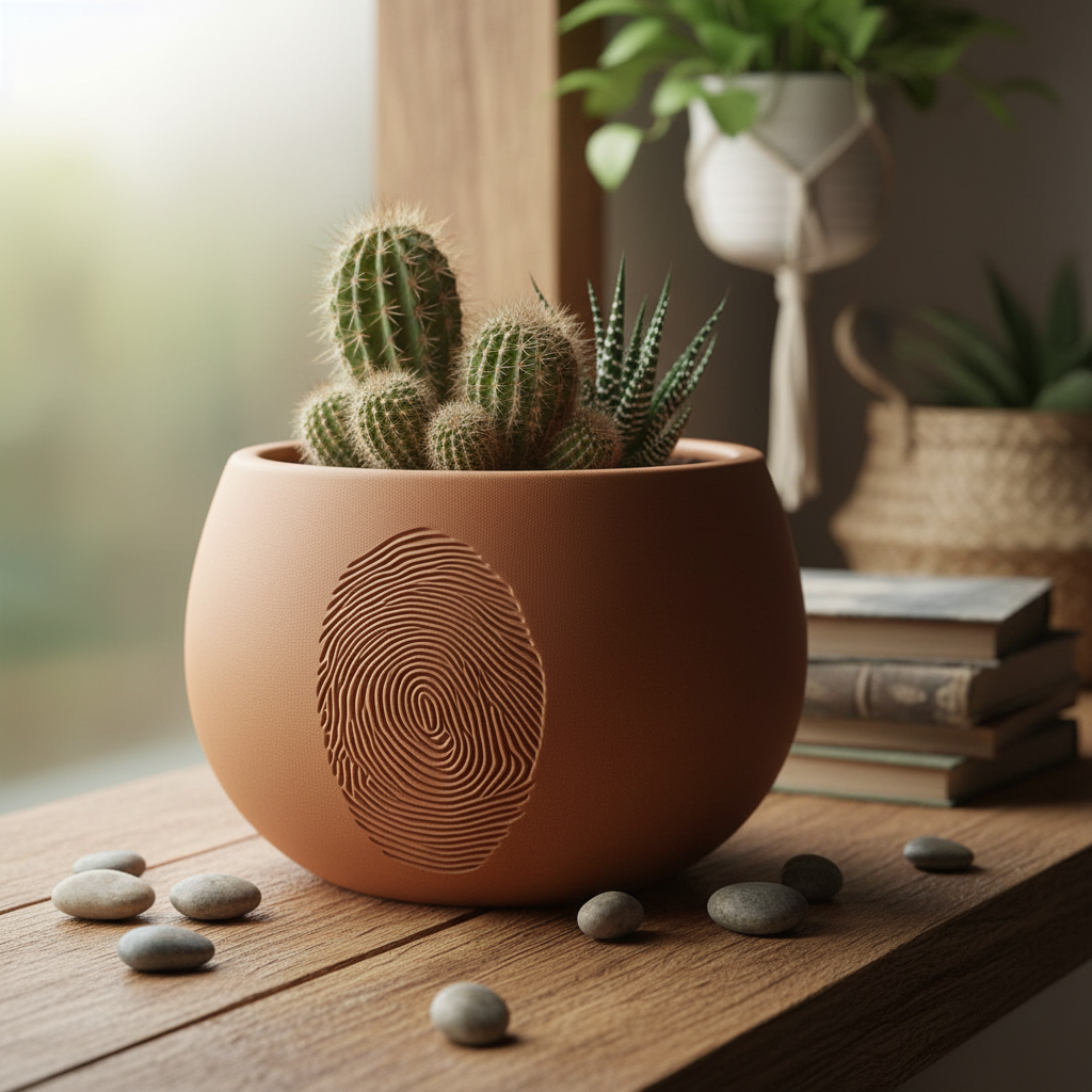 Terracotta brown Caught fingerprint plant pot with a small cactus on a rustic wooden boho shelf