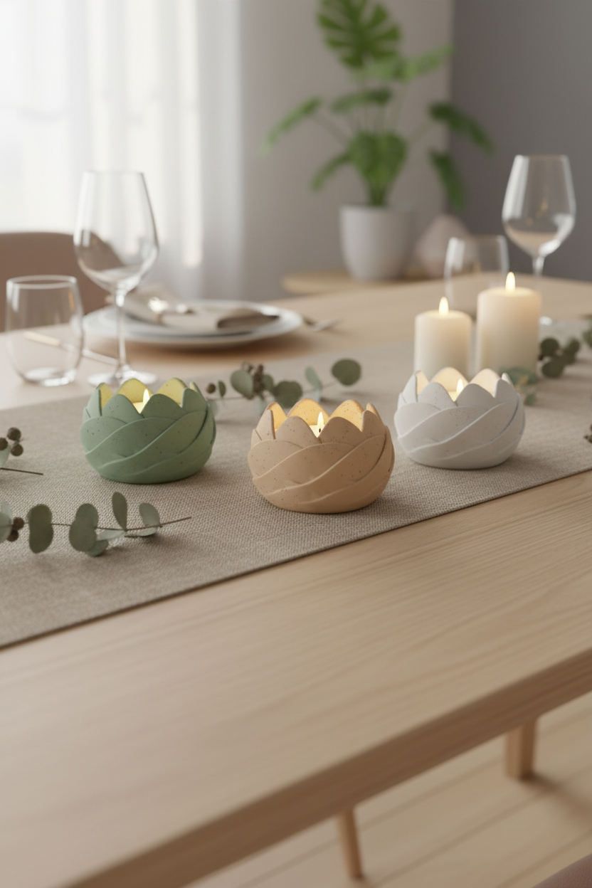 Three Leaf Petal Tealight Holders sage green warm beige chalk white matte petal scalloped form each holding lit tealight candle glowing warmly pale oak dining table linen runner dried eucalyptus small pillar candles soft warm evening dinner party light portrait