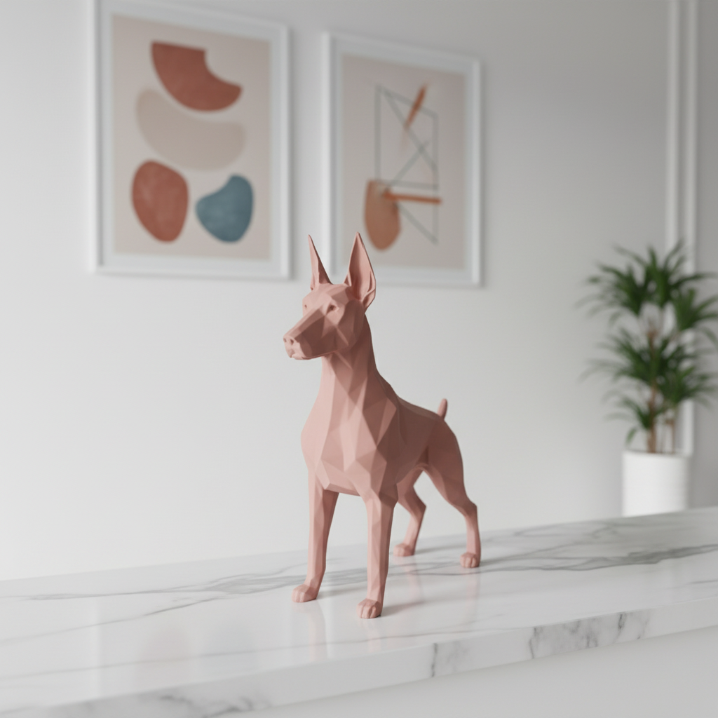 Dusty pink Low Poly Great Dane Sculpture on a marble shelf with abstract art prints