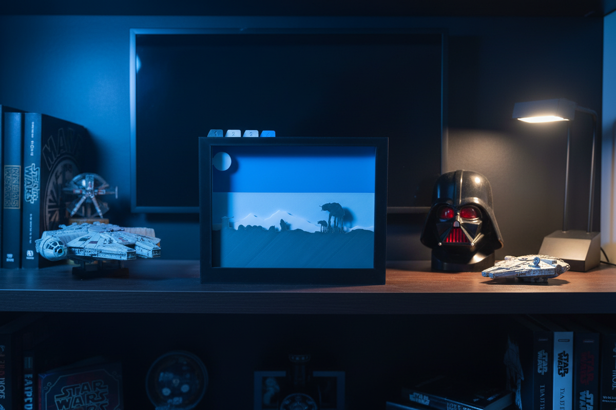 Star Wars Hoth Shadow Box on a dark wooden shelf in a moody gaming room with cool blue cinematic lighting