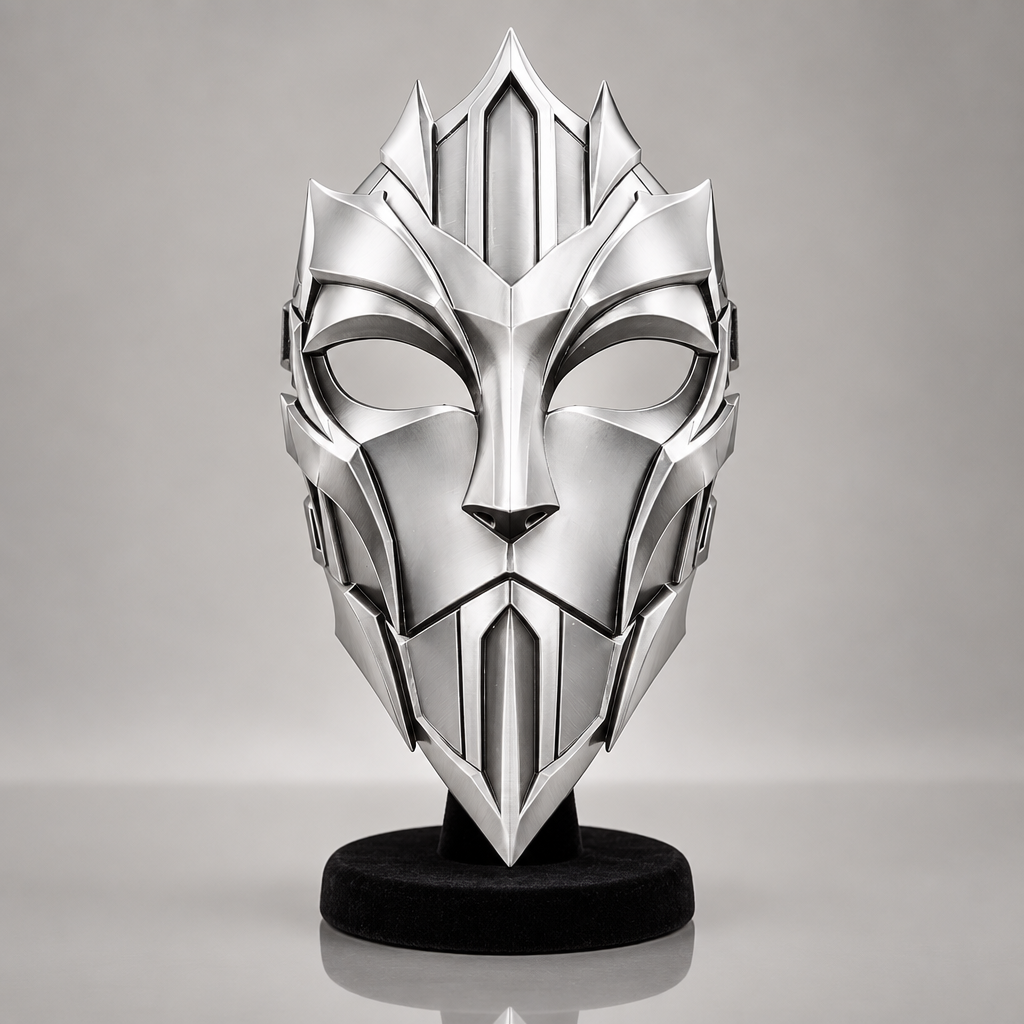 Silver angular knight mask on display in a costume studio, no strap included