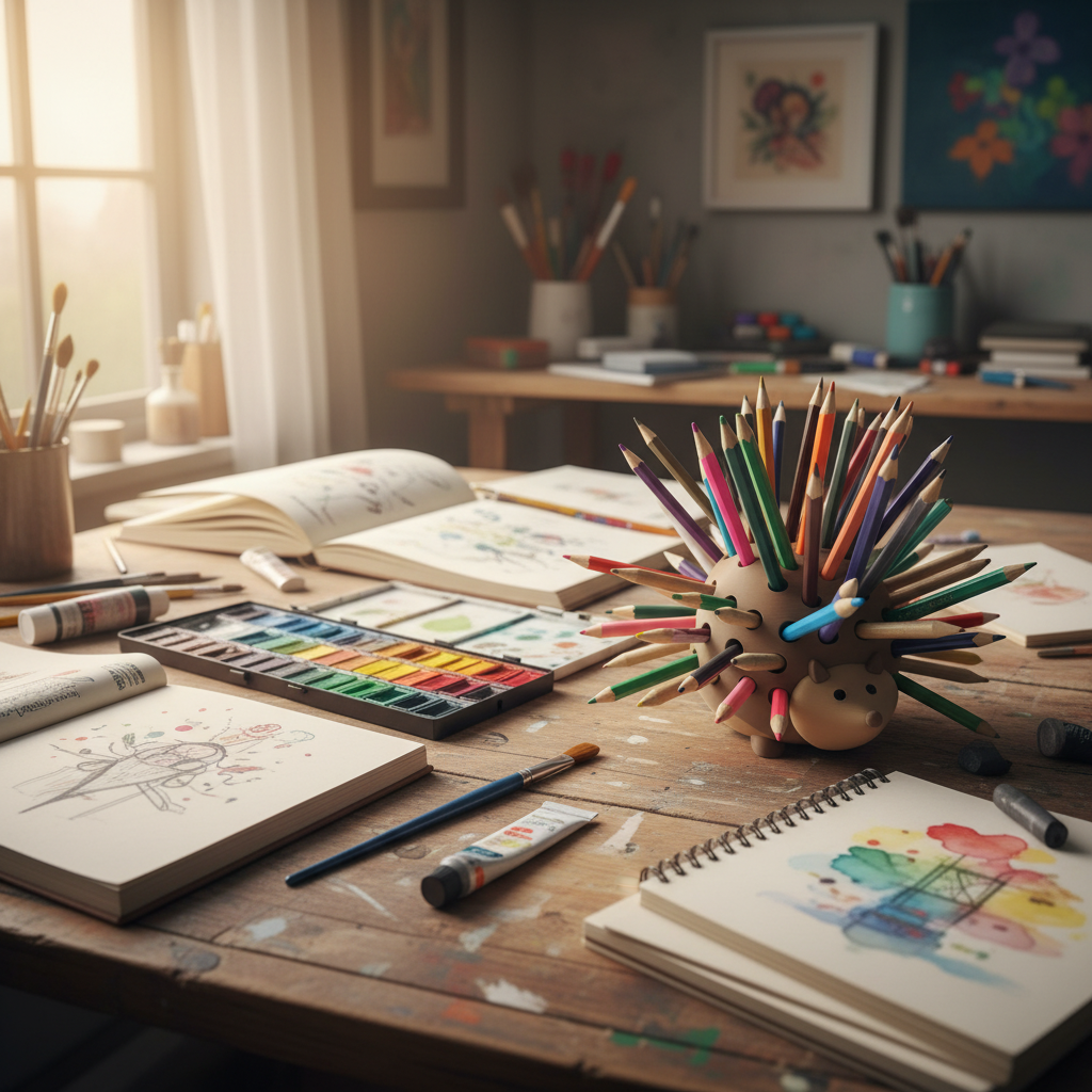Pencil Hedgehog on an artist's wooden desk surrounded by sketchbooks and watercolour paints