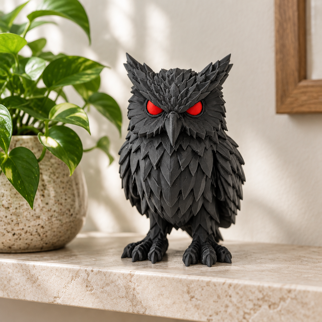 Crimson Watcher Owl beside houseplant