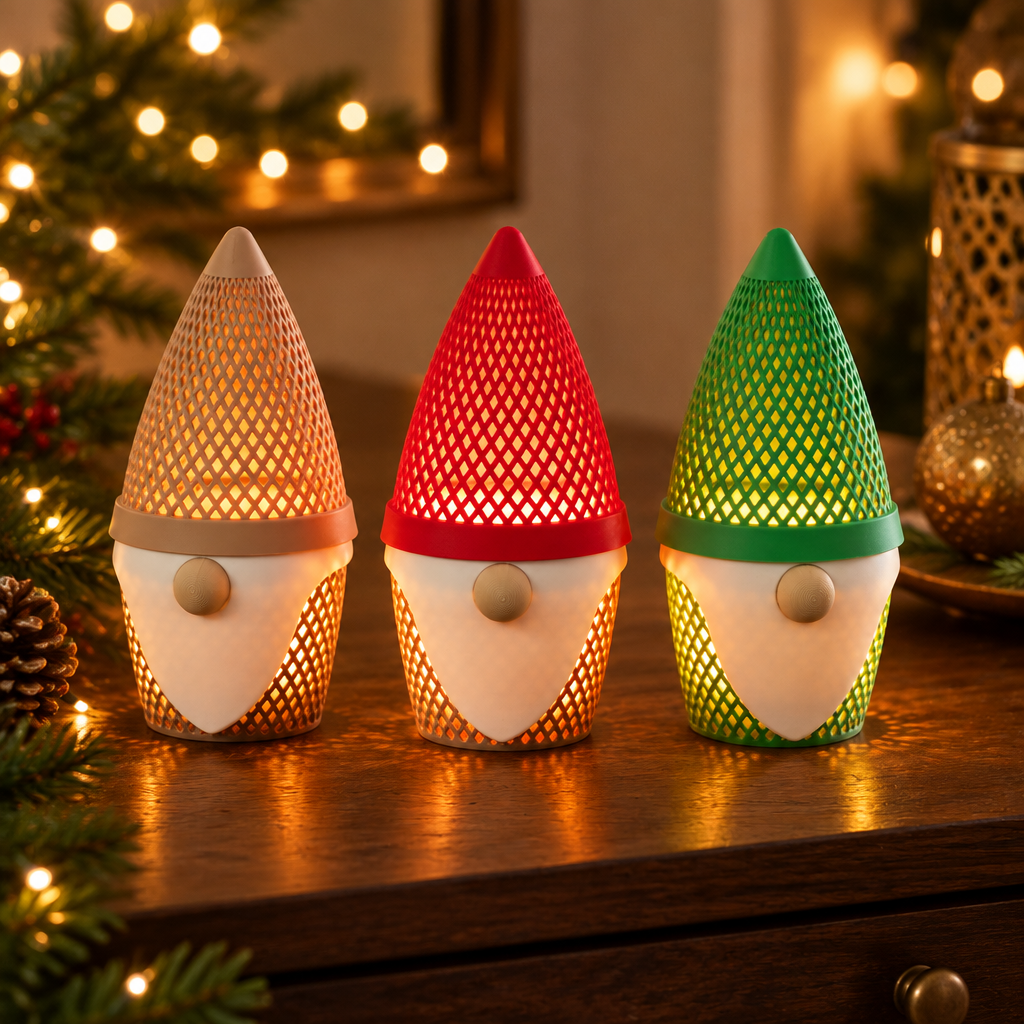 Set of three gonk tealight holders on a wooden console with Christmas lights